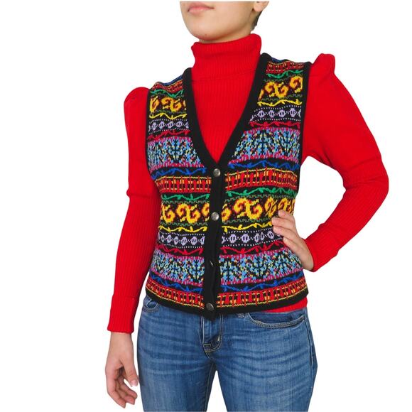 Vintage Liz Claiborne Retro Exploded Knit Rainbow Grandpa Vest Small - Picture 1 of 4